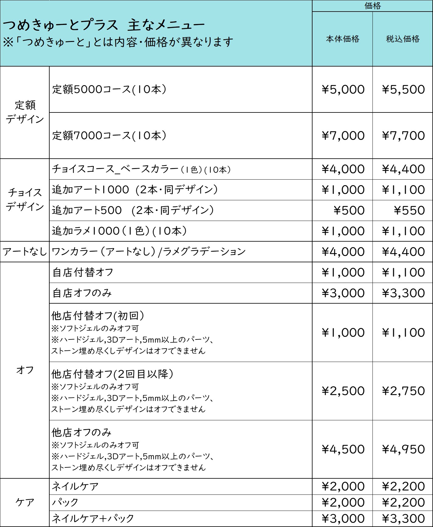 通常価格・メニュー